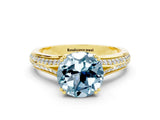Yellow gold Round Cut Aquamarine Split Shank Engagement Ring with Pavé Band