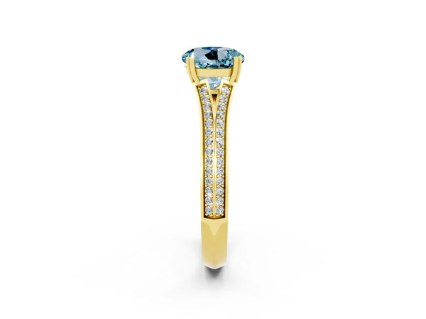 Yellow gold Round Cut Aquamarine Split Shank Engagement Ring with Pavé Band