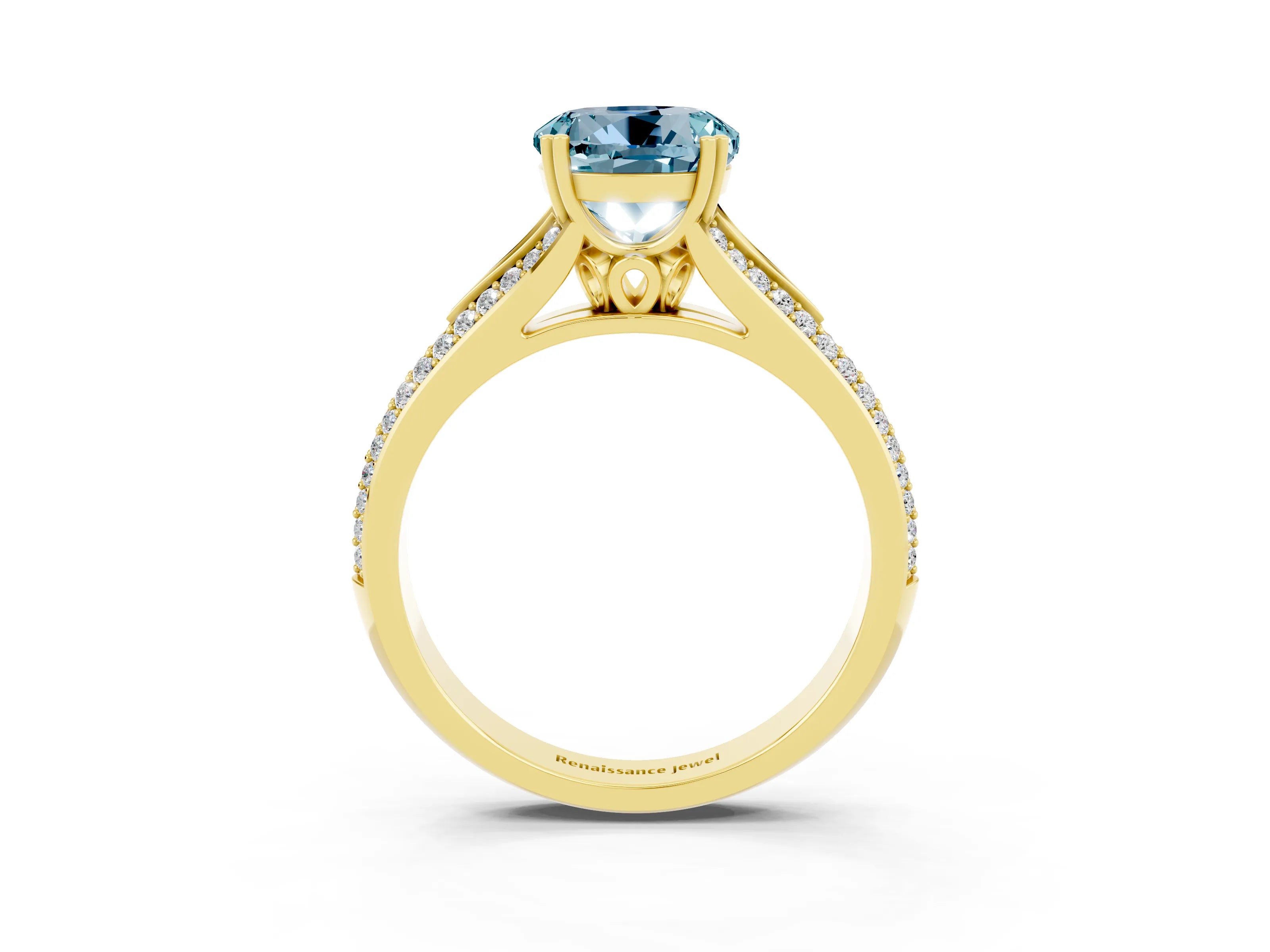 Yellow gold Round Cut Aquamarine Split Shank Engagement Ring with Pavé Band_3