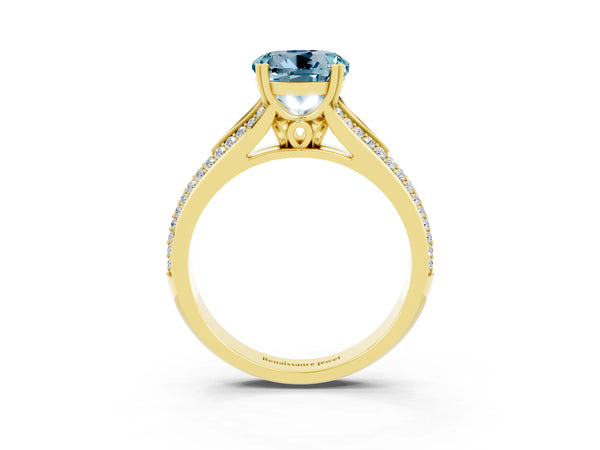 Yellow gold Round Cut Aquamarine Split Shank Engagement Ring with Pavé Band