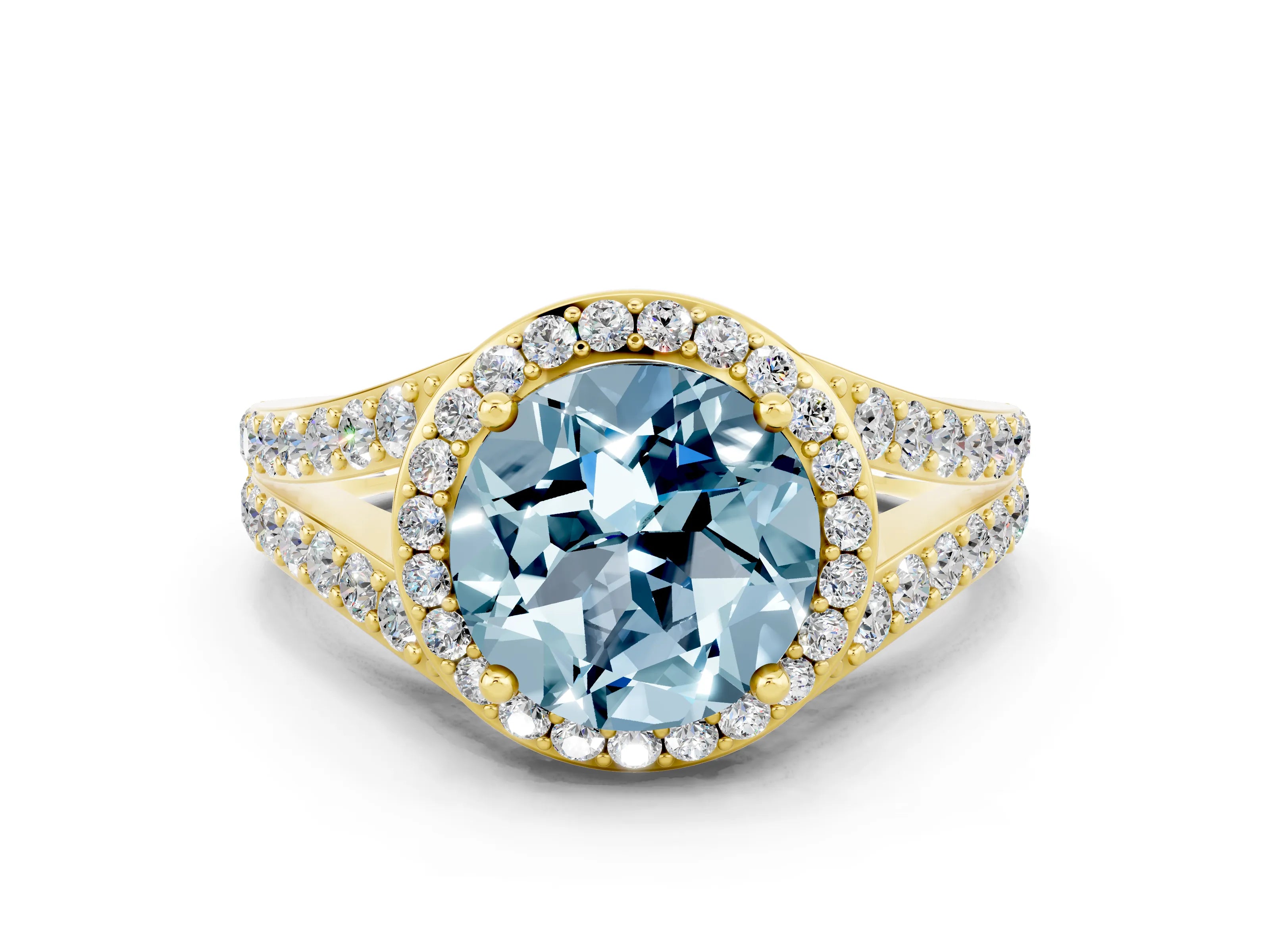 Yellow gold Round Cut Aquamarine Split Shank Halo Ring with Four-Prong Setting_12