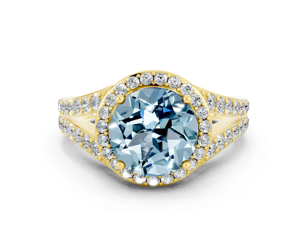Yellow gold Round Cut Aquamarine Split Shank Halo Ring with Four-Prong Setting