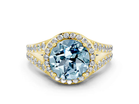 Yellow gold Round Cut Aquamarine Split Shank Halo Ring with Four-Prong Setting_12
