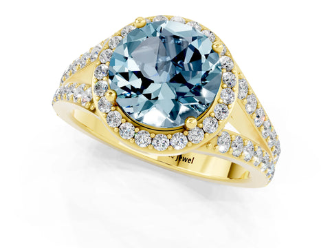 Yellow gold Round Cut Aquamarine Split Shank Halo Ring with Four-Prong Setting_13