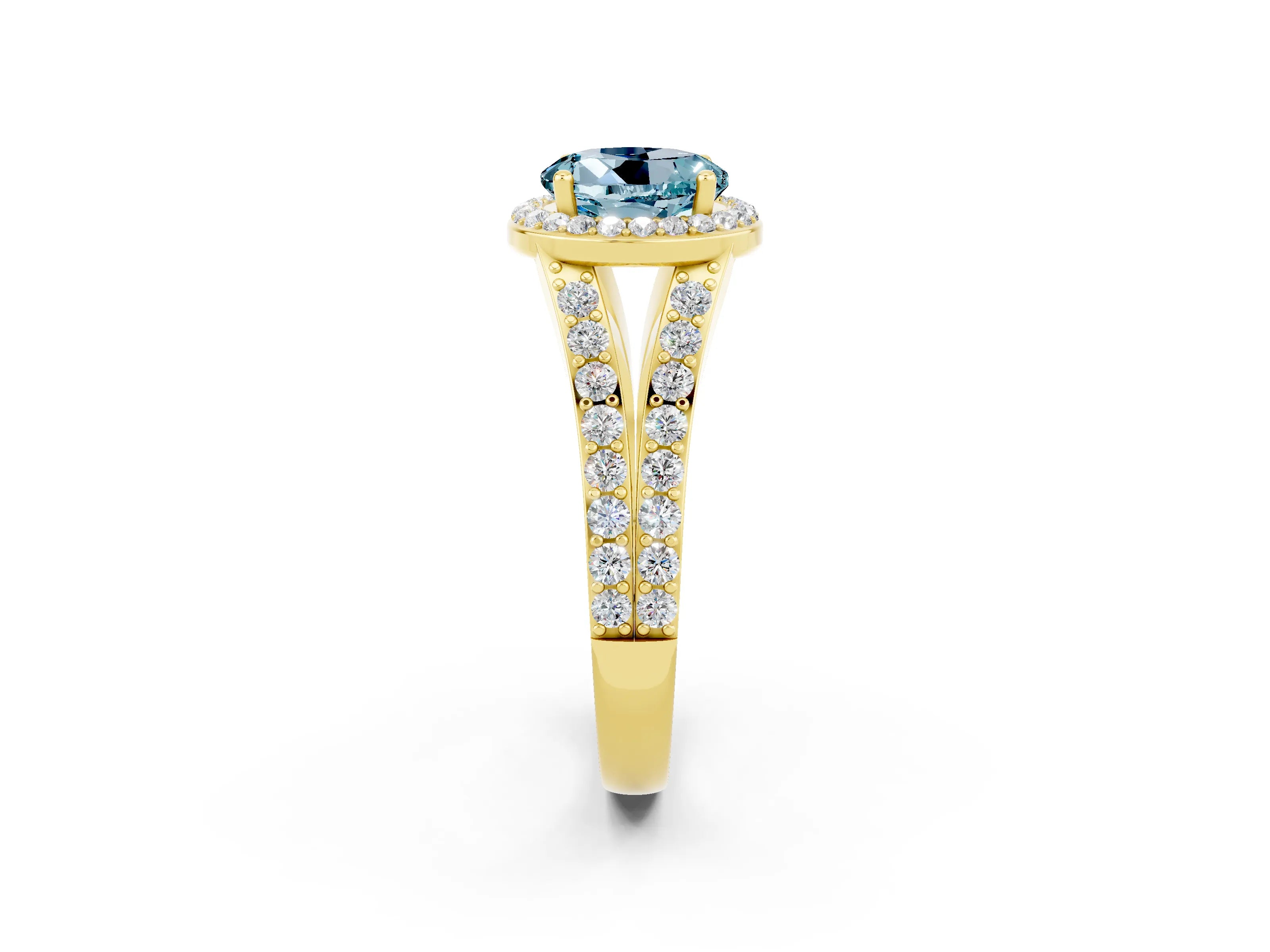Yellow gold Round Cut Aquamarine Split Shank Halo Ring with Four-Prong Setting_14