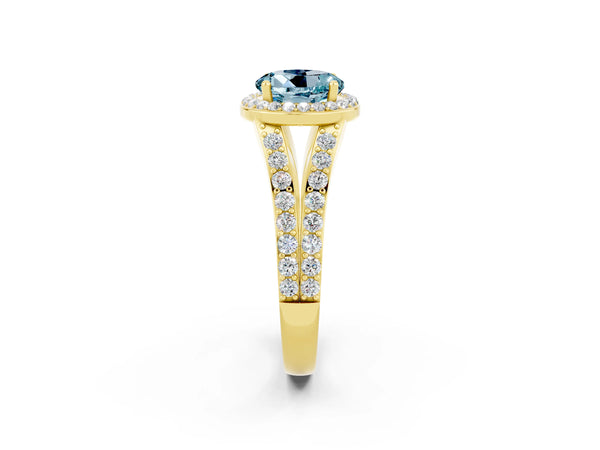 Yellow gold Round Cut Aquamarine Split Shank Halo Ring with Four-Prong Setting