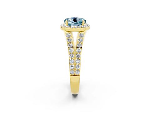 Yellow gold Round Cut Aquamarine Split Shank Halo Ring with Four-Prong Setting_14