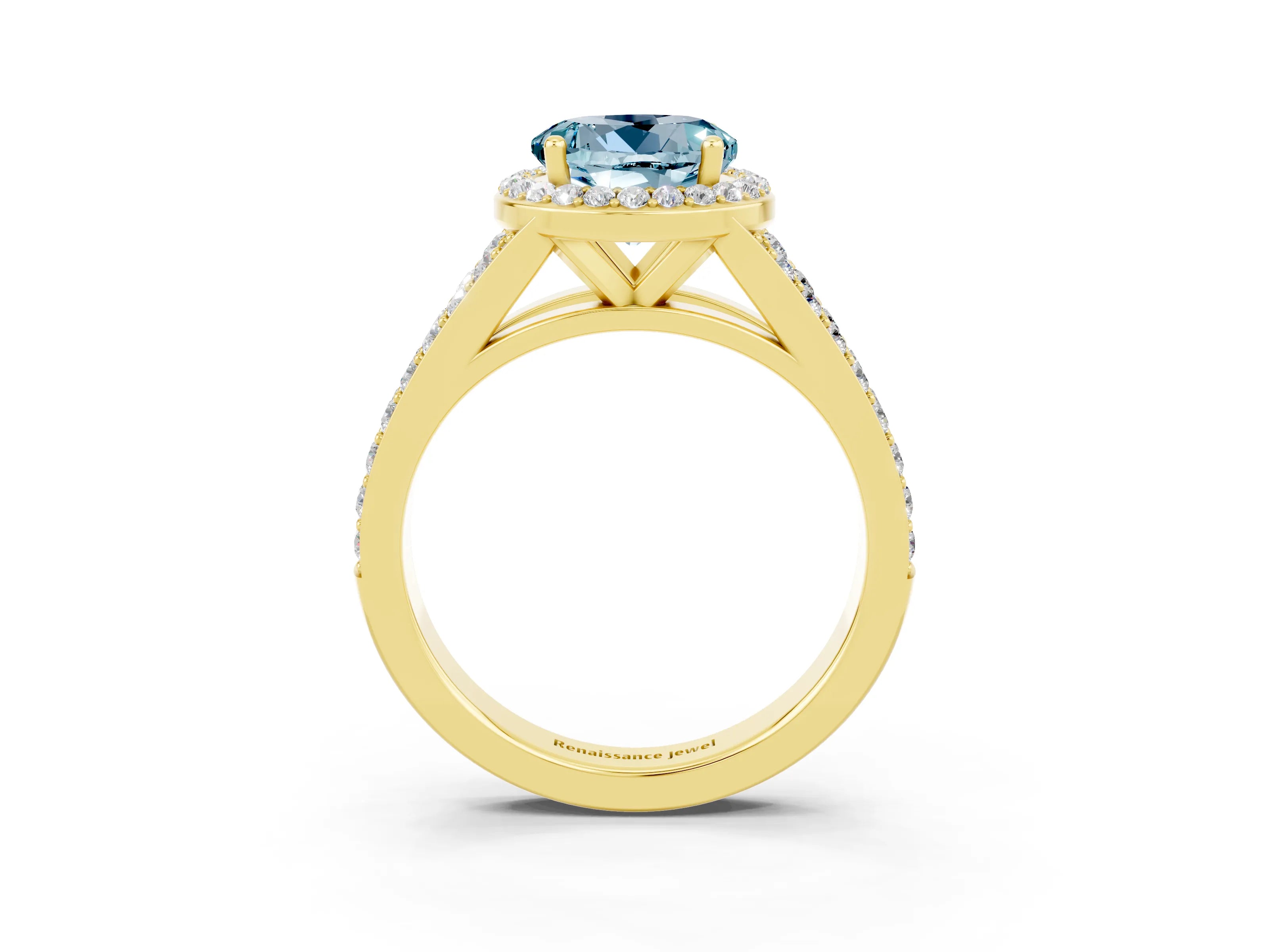 Yellow gold Round Cut Aquamarine Split Shank Halo Ring with Four-Prong Setting_15