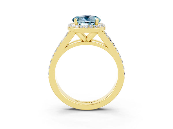 Yellow gold Round Cut Aquamarine Split Shank Halo Ring with Four-Prong Setting