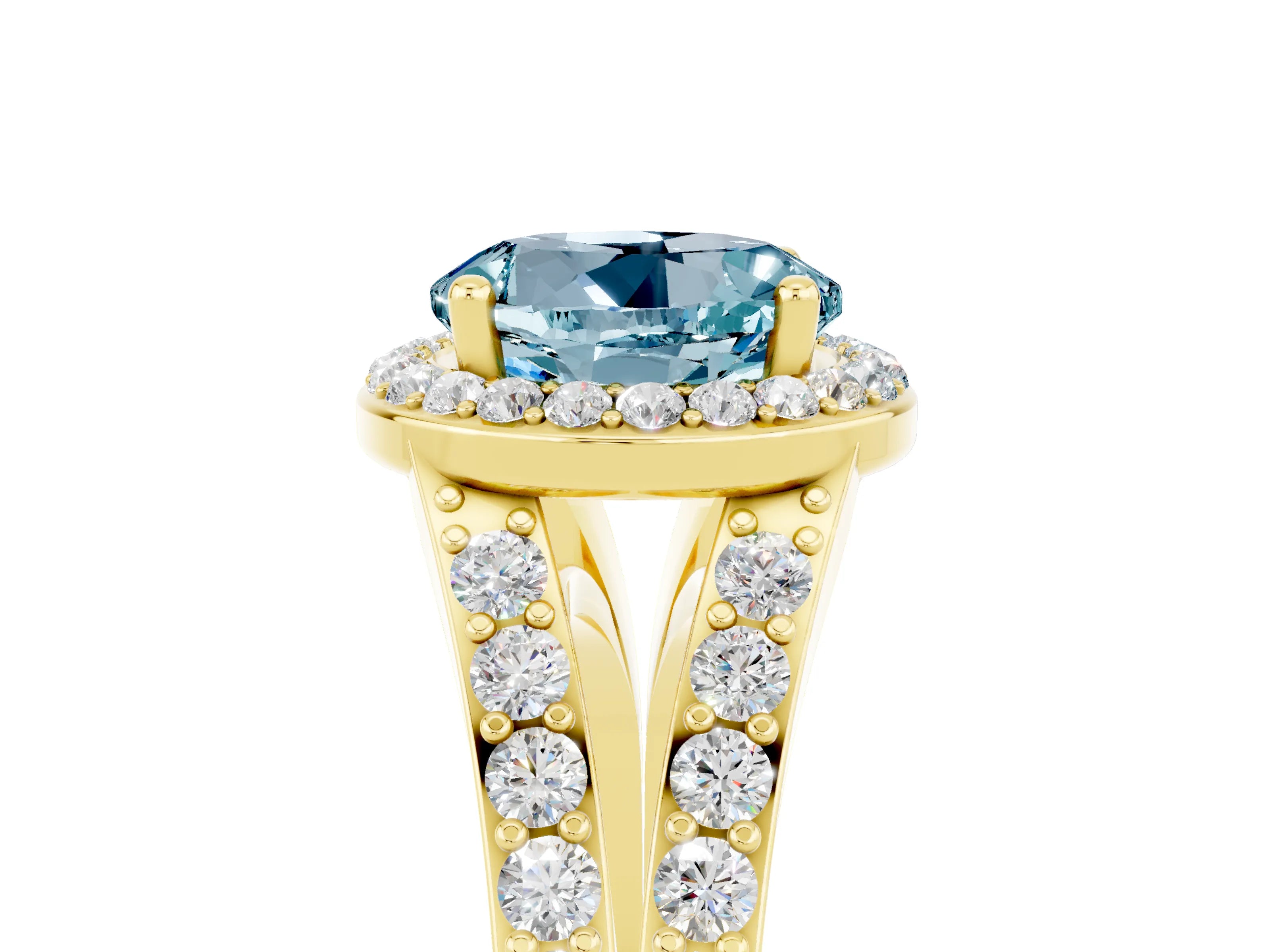 Yellow gold Round Cut Aquamarine Split Shank Halo Ring with Four-Prong Setting_17