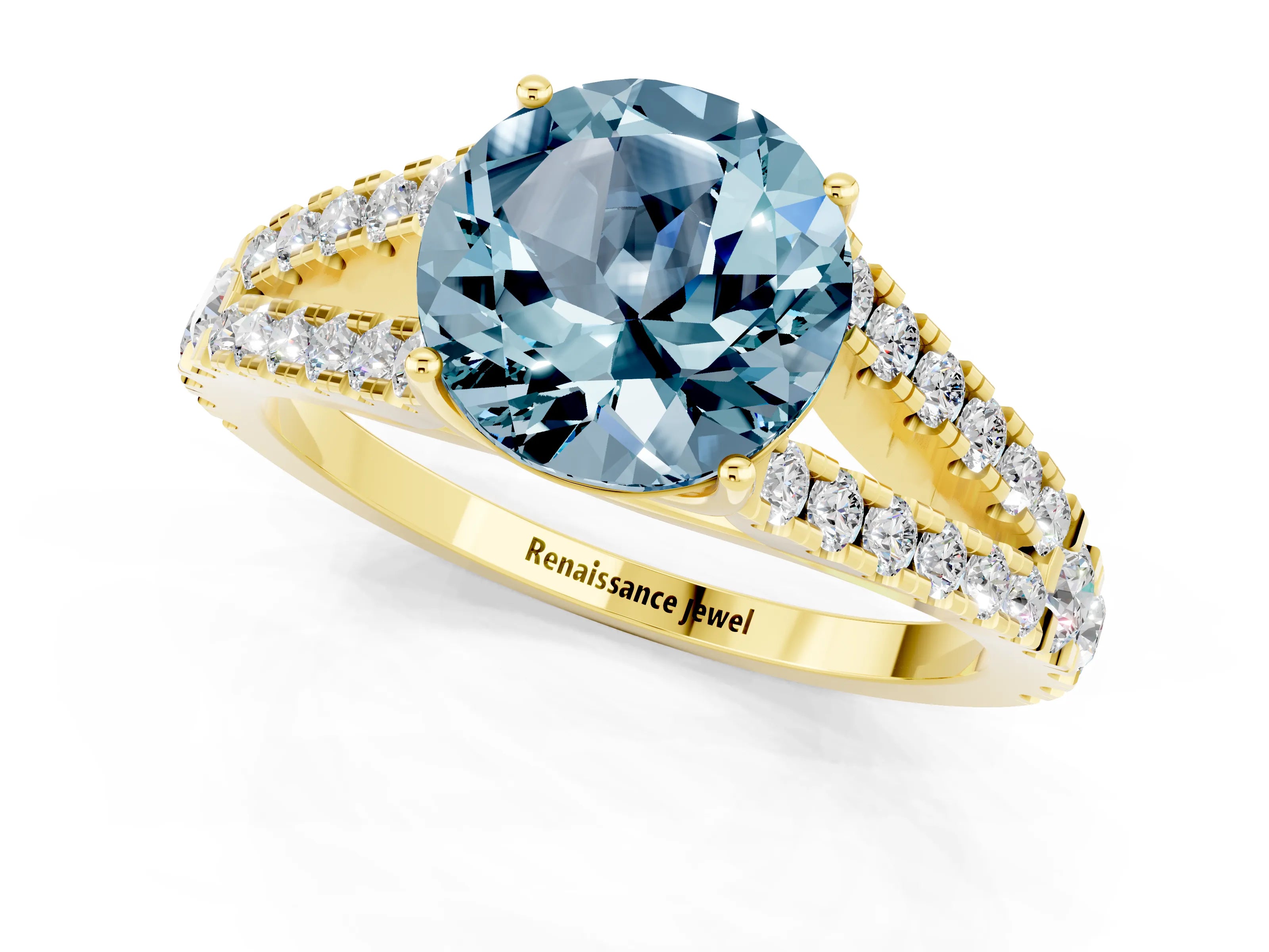 Yellow gold Round Cut Aquamarine Split Shank Pavé Engagement Ring with Four-Prong Setting_13