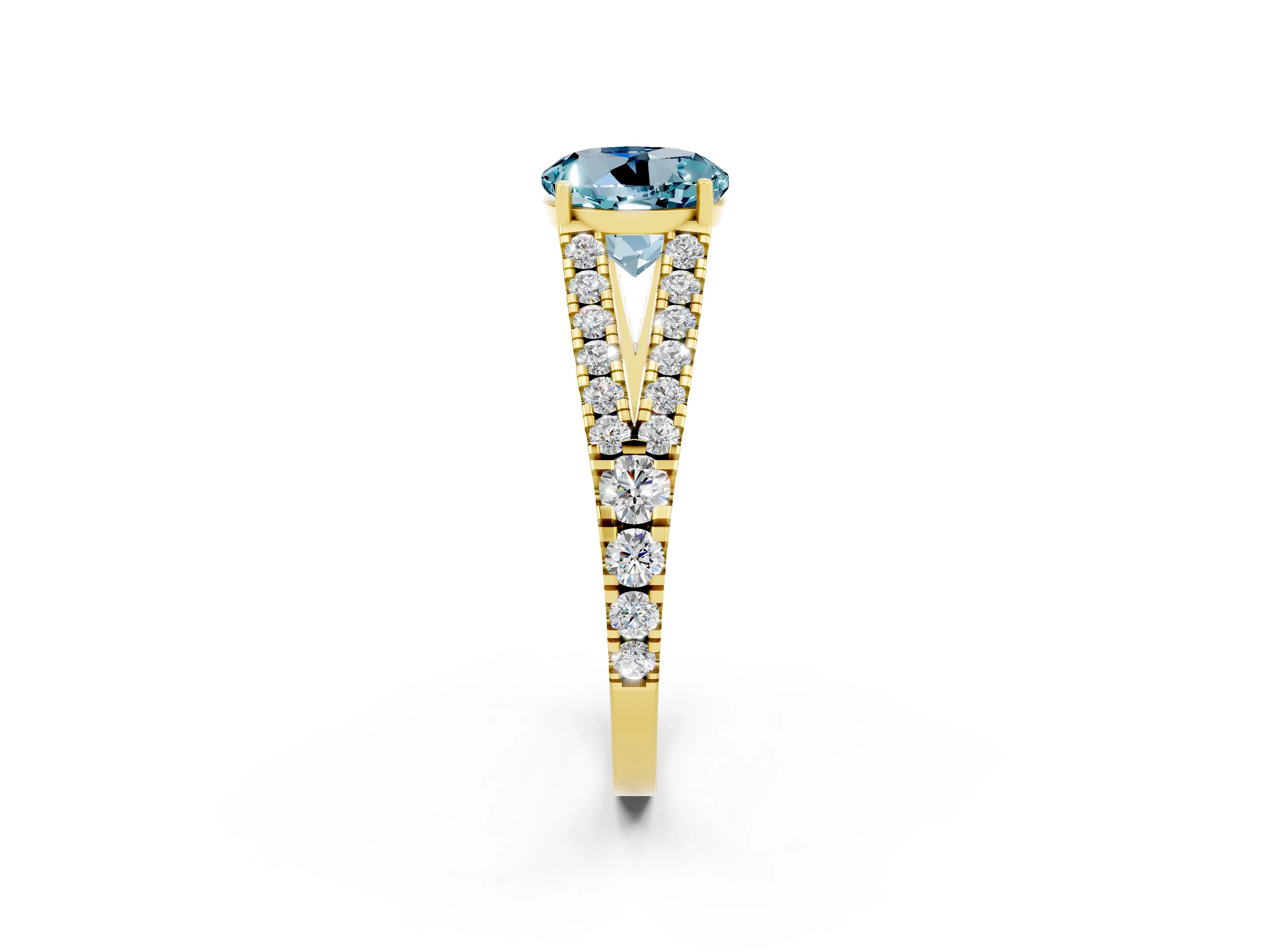 Yellow gold Round Cut Aquamarine Split Shank Pavé Engagement Ring with Four-Prong Setting_14