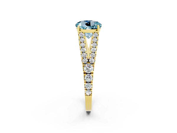 Yellow gold Round Cut Aquamarine Split Shank Pavé Engagement Ring with Four-Prong Setting