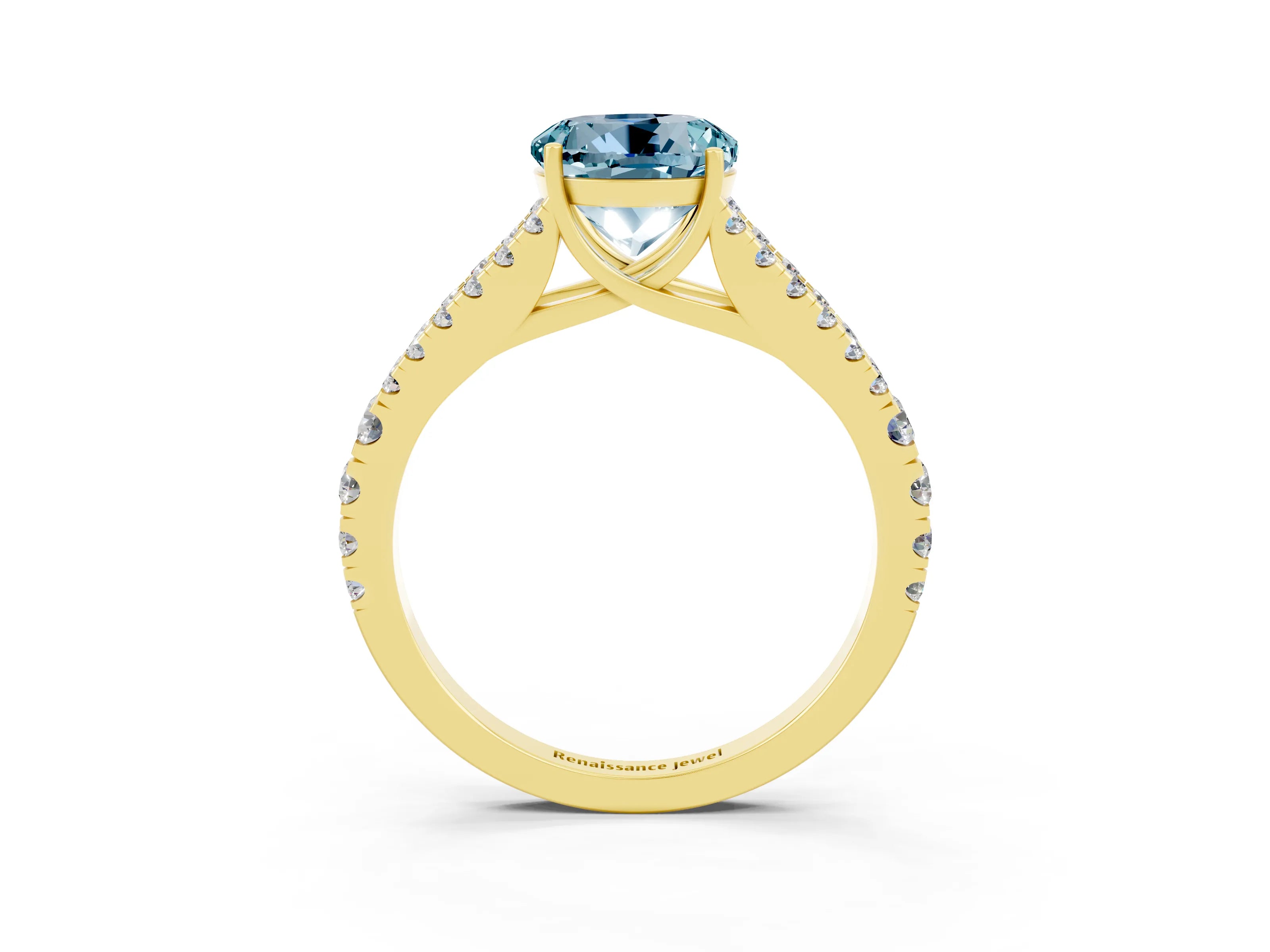 Yellow gold Round Cut Aquamarine Split Shank Pavé Engagement Ring with Four-Prong Setting_15