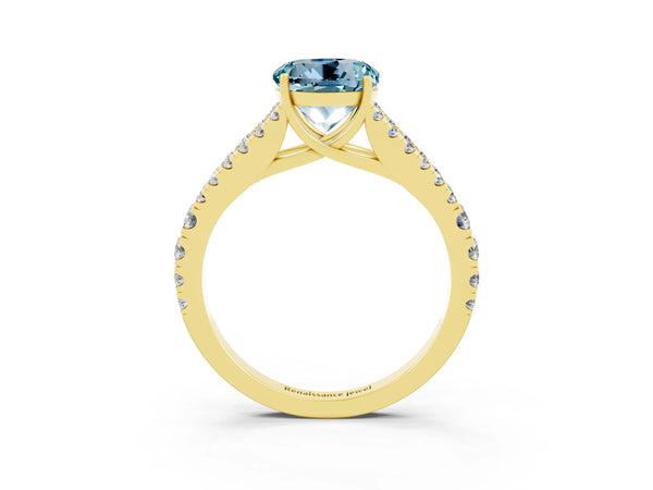 Yellow gold Round Cut Aquamarine Split Shank Pavé Engagement Ring with Four-Prong Setting