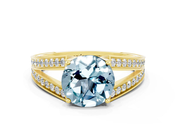 Yellow gold Round Cut Aquamarine Split Shank Ring with Pavé Band and Four-Prong Setting