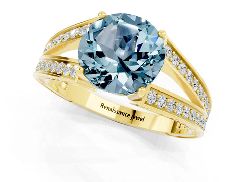 Yellow gold Round Cut Aquamarine Split Shank Ring with Pavé Band and Four-Prong Setting_1