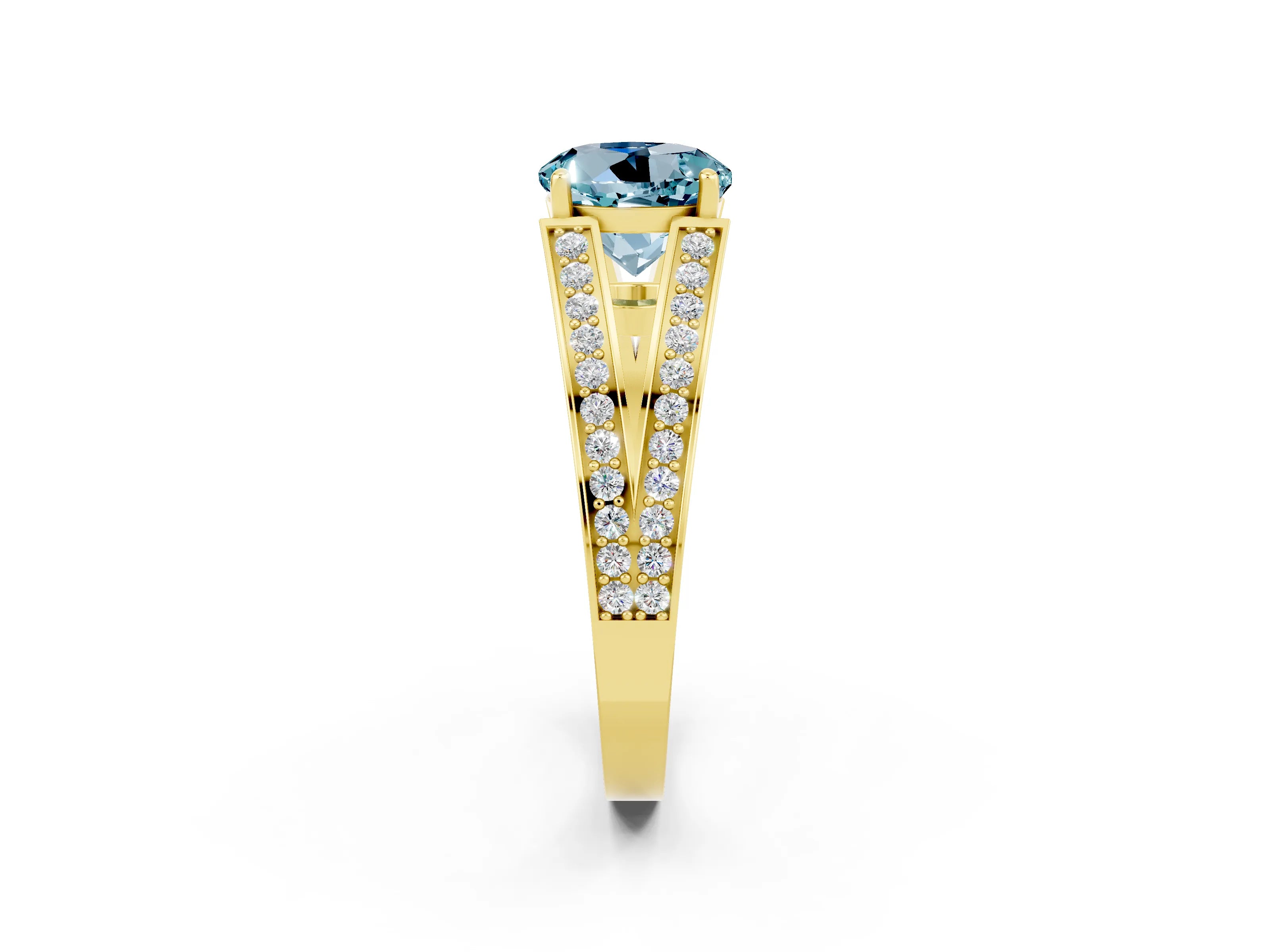 Yellow gold Round Cut Aquamarine Split Shank Ring with Pavé Band and Four-Prong Setting_2