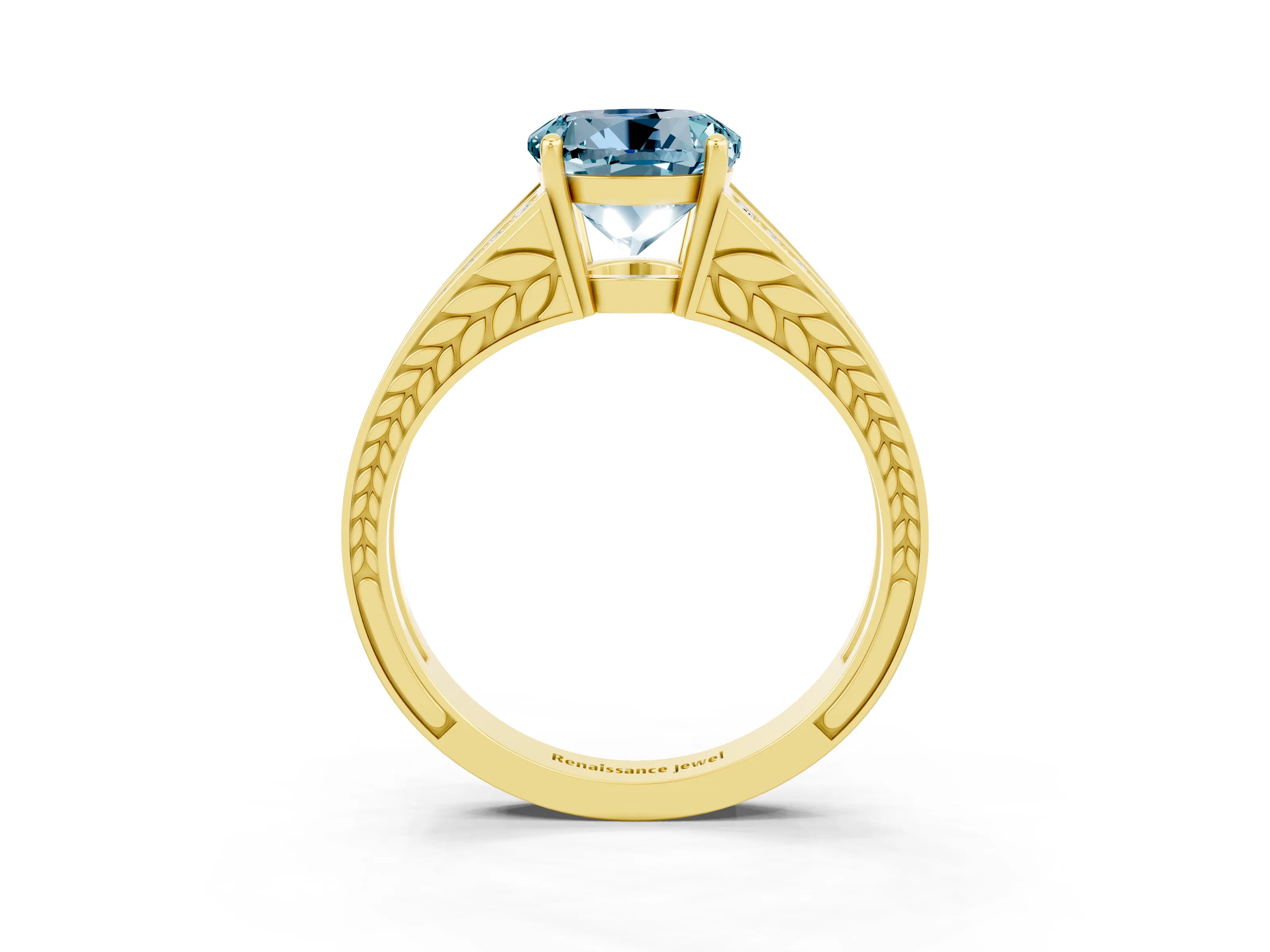 Yellow gold Round Cut Aquamarine Split Shank Ring with Pavé Band and Four-Prong Setting_3