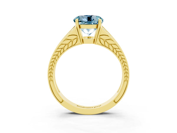 Yellow gold Round Cut Aquamarine Split Shank Ring with Pavé Band and Four-Prong Setting