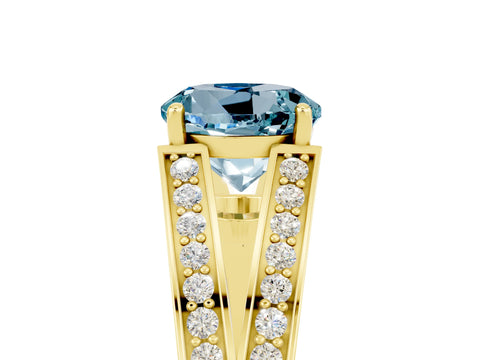 Yellow gold Round Cut Aquamarine Split Shank Ring with Pavé Band and Four-Prong Setting_5