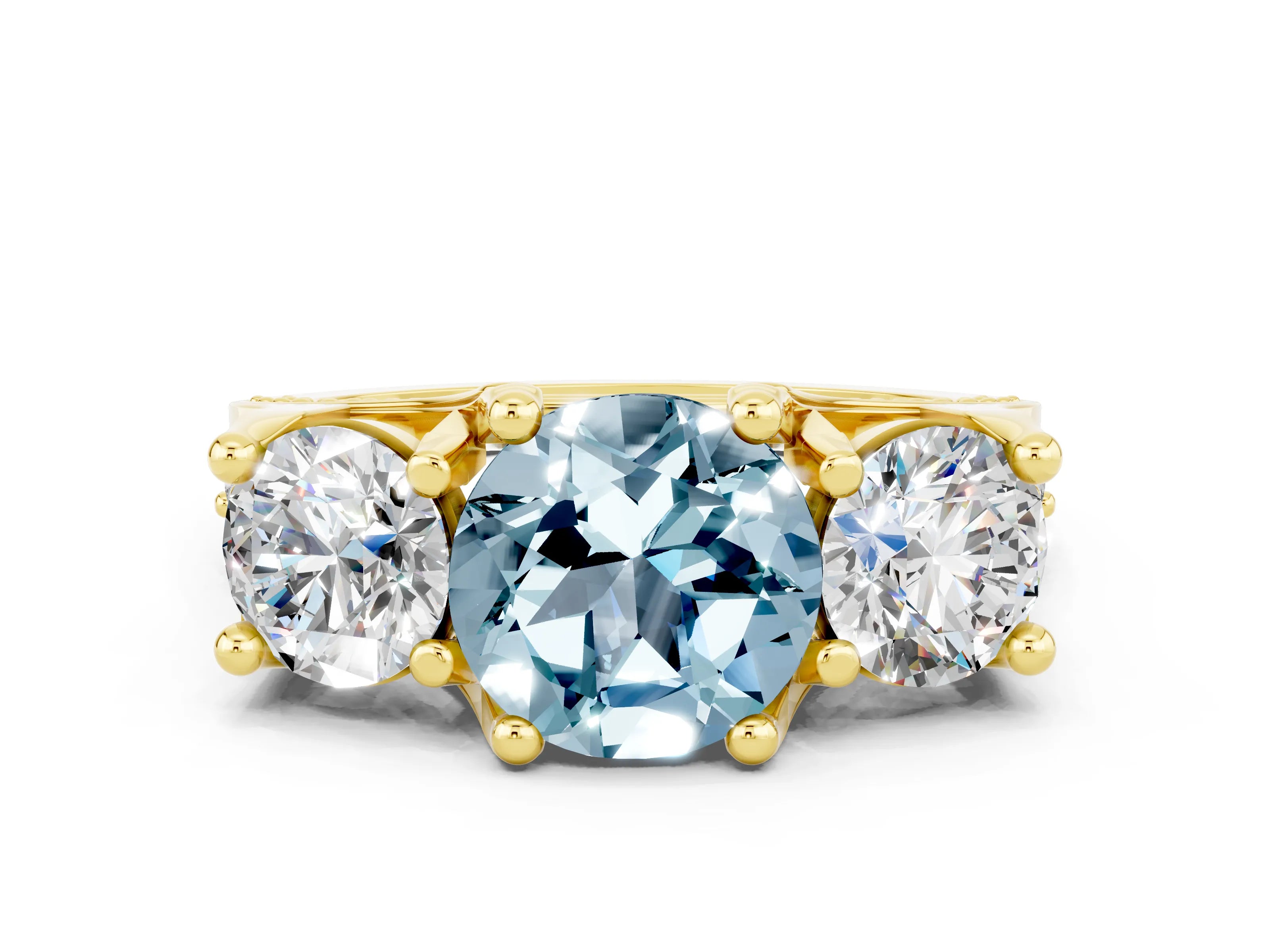 Yellow gold Round Cut Aquamarine Three-Stone Ring with Channel Set Band and Four-Prong Setting