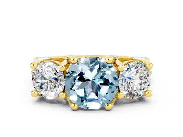 Yellow gold Round Cut Aquamarine Three-Stone Ring with Channel Set Band and Four-Prong Setting