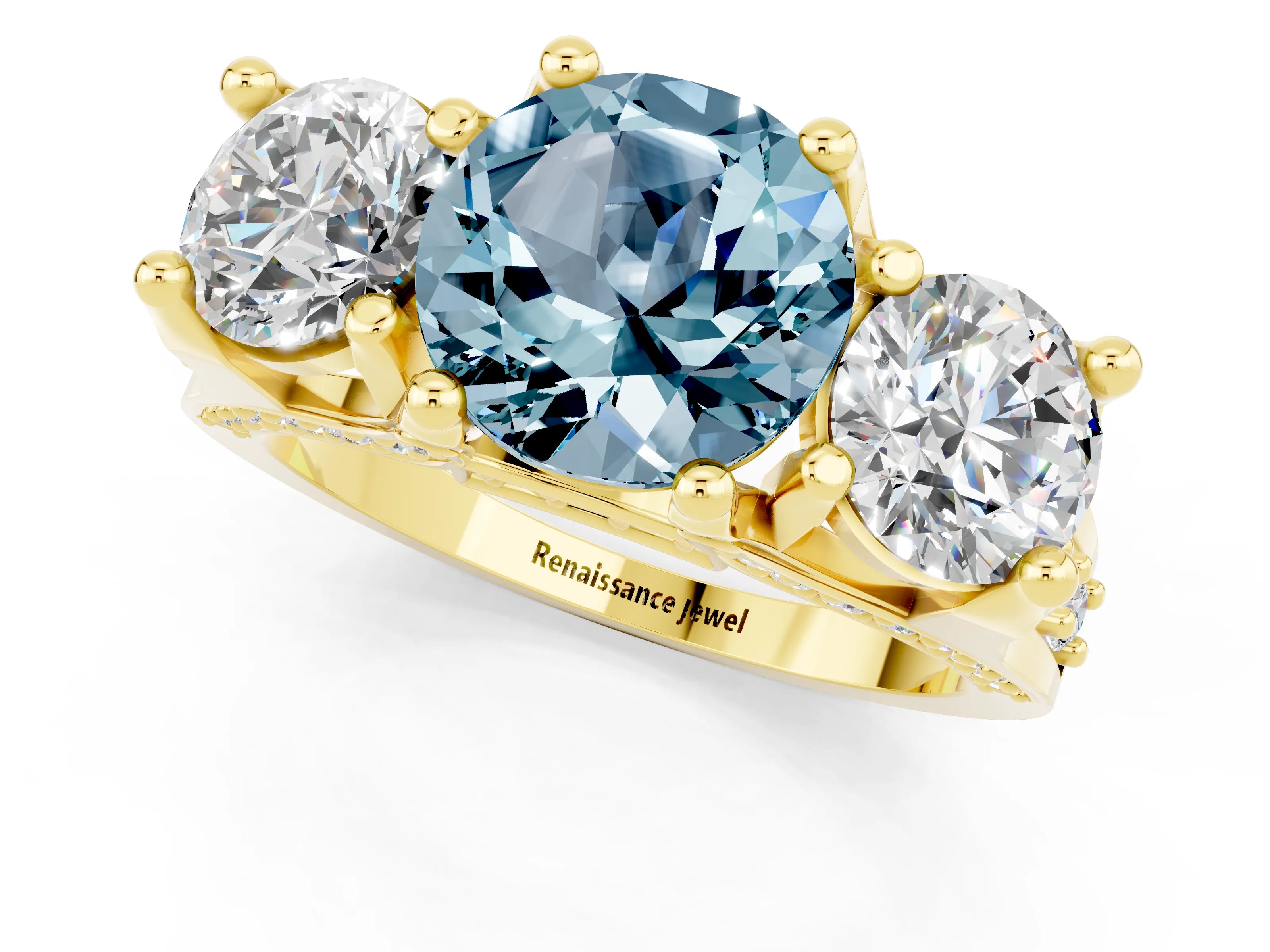 Yellow gold Round Cut Aquamarine Three-Stone Ring with Channel Set Band and Four-Prong Setting_1