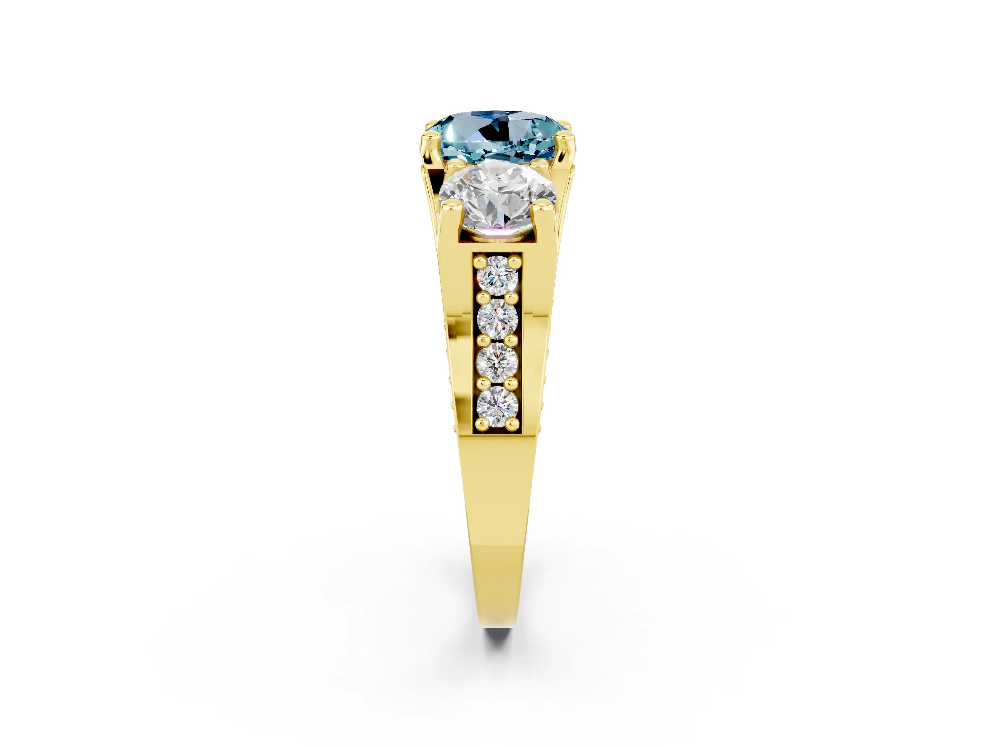 Yellow gold Round Cut Aquamarine Three-Stone Ring with Channel Set Band and Four-Prong Setting_2