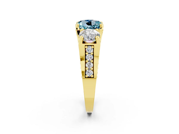 Yellow gold Round Cut Aquamarine Three-Stone Ring with Channel Set Band and Four-Prong Setting