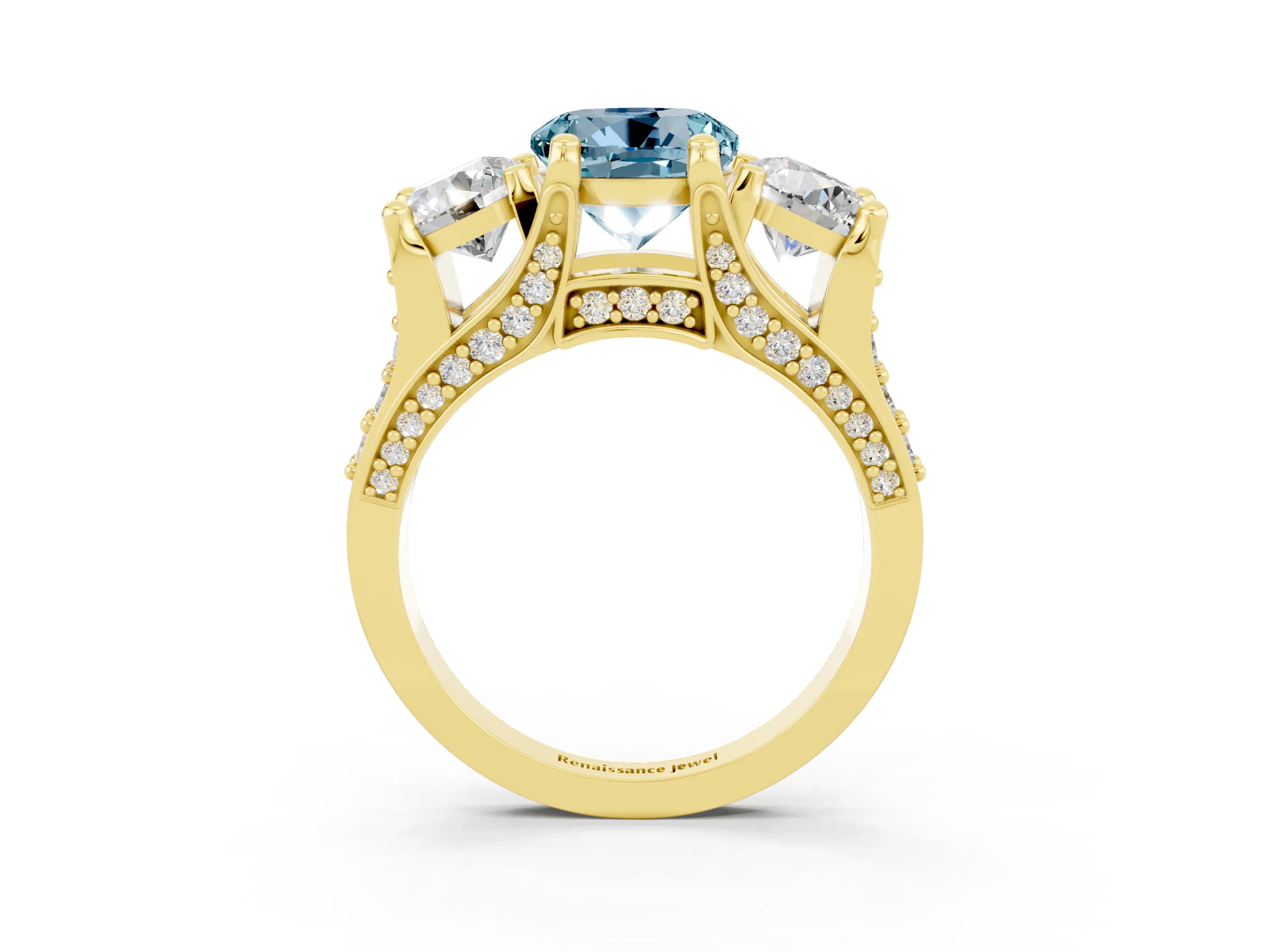 Yellow gold Round Cut Aquamarine Three-Stone Ring with Channel Set Band and Four-Prong Setting_3