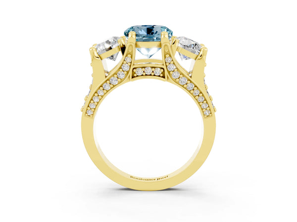 Yellow gold Round Cut Aquamarine Three-Stone Ring with Channel Set Band and Four-Prong Setting