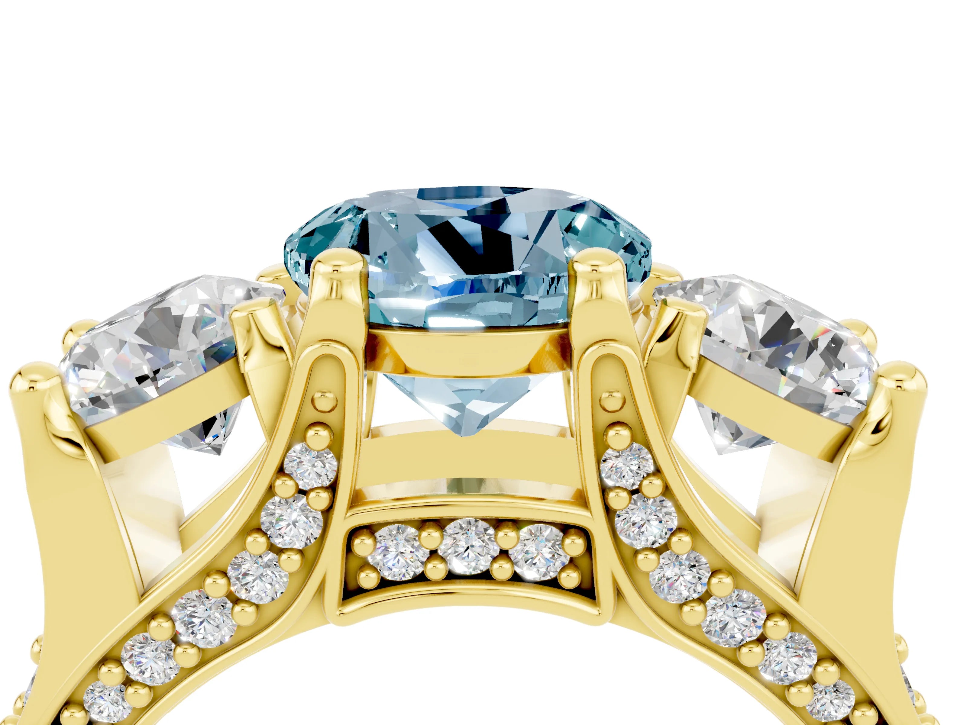 Yellow gold Round Cut Aquamarine Three-Stone Ring with Channel Set Band and Four-Prong Setting_4