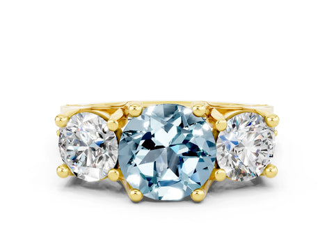 Yellow gold Round Cut Aquamarine Three-Stone Ring with Channel Set Band and Four-Prong Setting