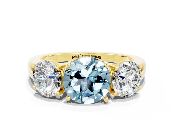 Yellow gold Round Cut Aquamarine Three-Stone Ring with Four-Prong Setting and Classic Band