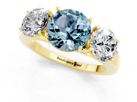 Yellow gold Round Cut Aquamarine Three-Stone Ring with Four-Prong Setting and Classic Band_1