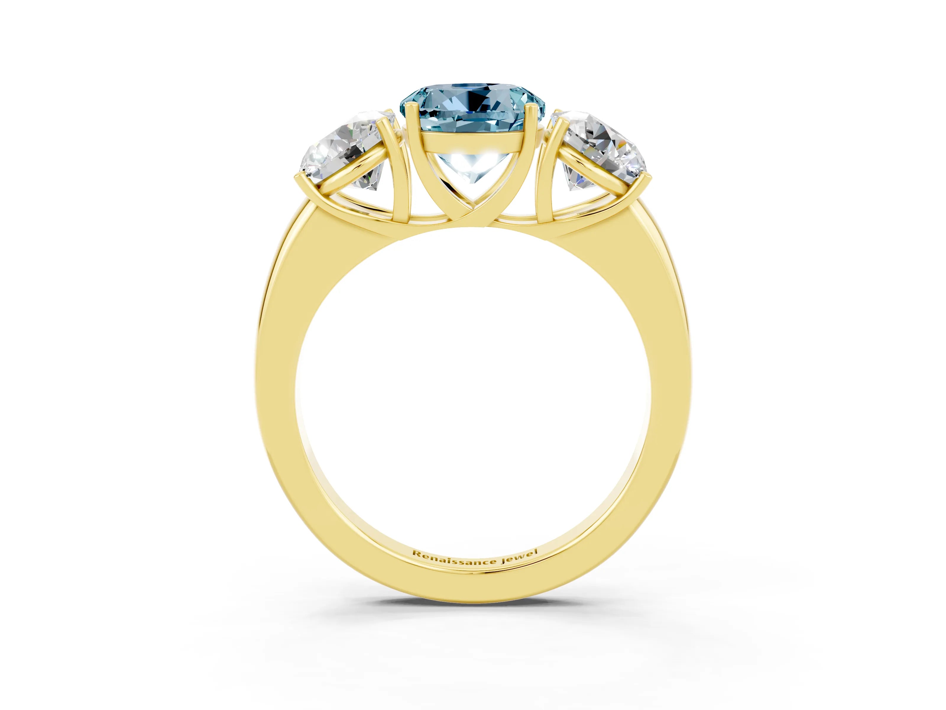 Yellow gold Round Cut Aquamarine Three-Stone Ring with Four-Prong Setting and Classic Band_3