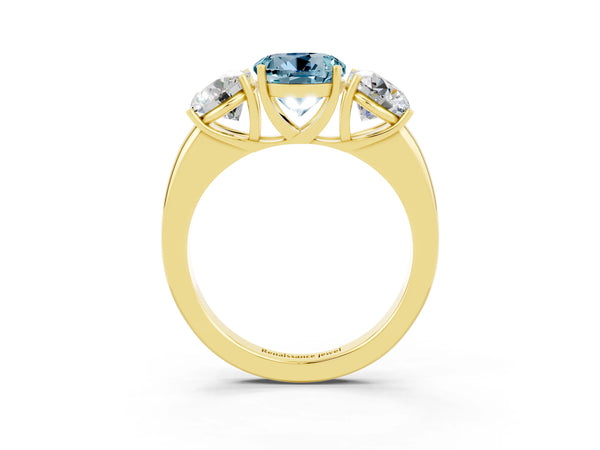 Yellow gold Round Cut Aquamarine Three-Stone Ring with Four-Prong Setting and Classic Band