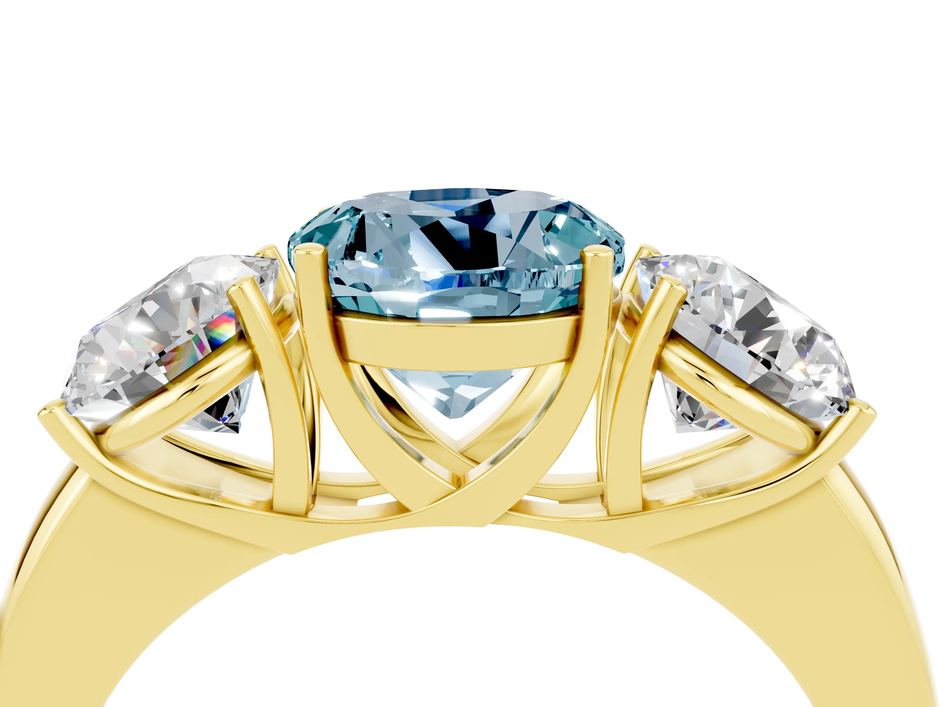 Yellow gold Round Cut Aquamarine Three-Stone Ring with Four-Prong Setting and Classic Band_4