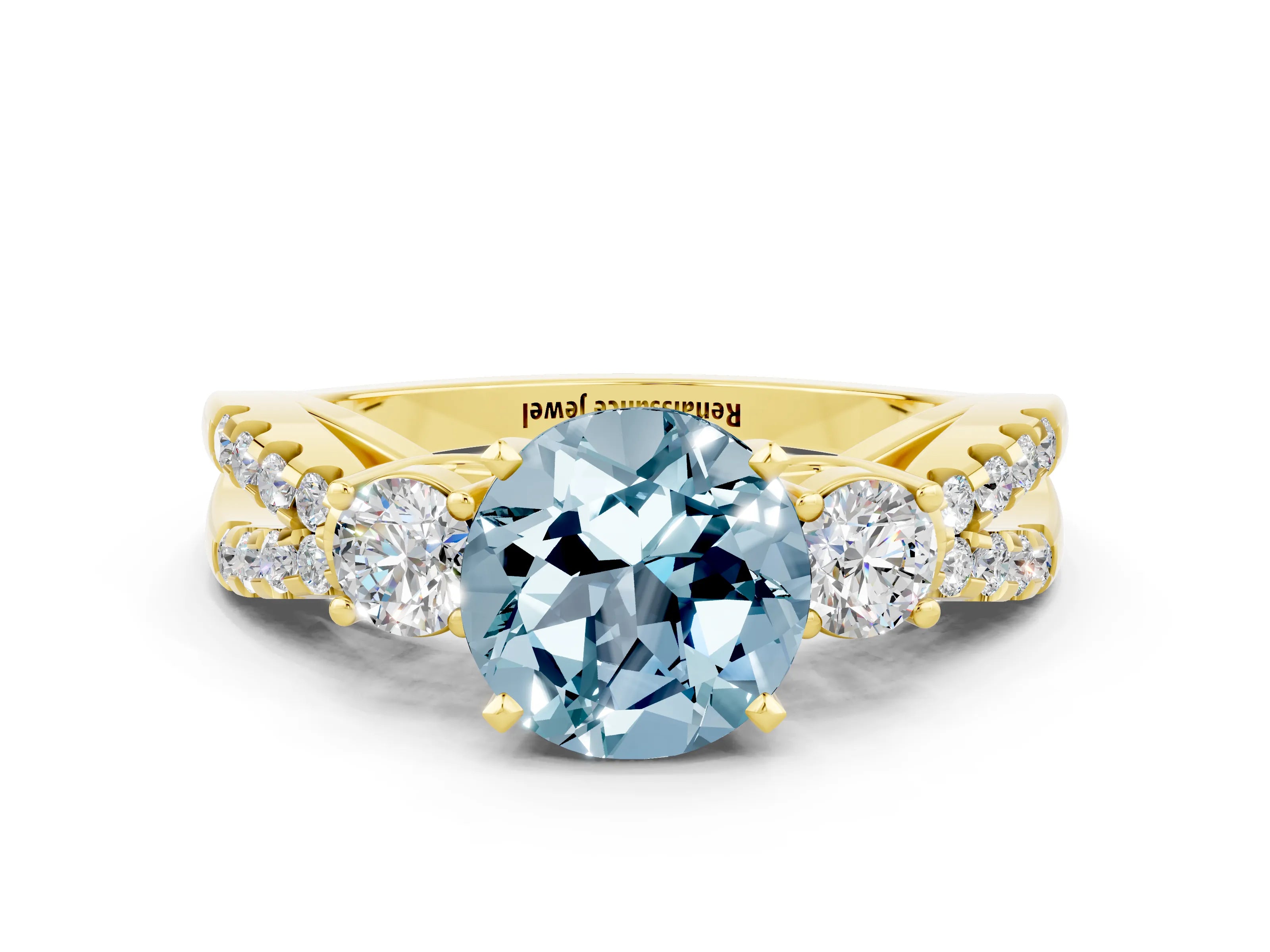 Yellow gold Round Cut Aquamarine Three-Stone Ring with Pavé Split Shank and Four-Prong Setting