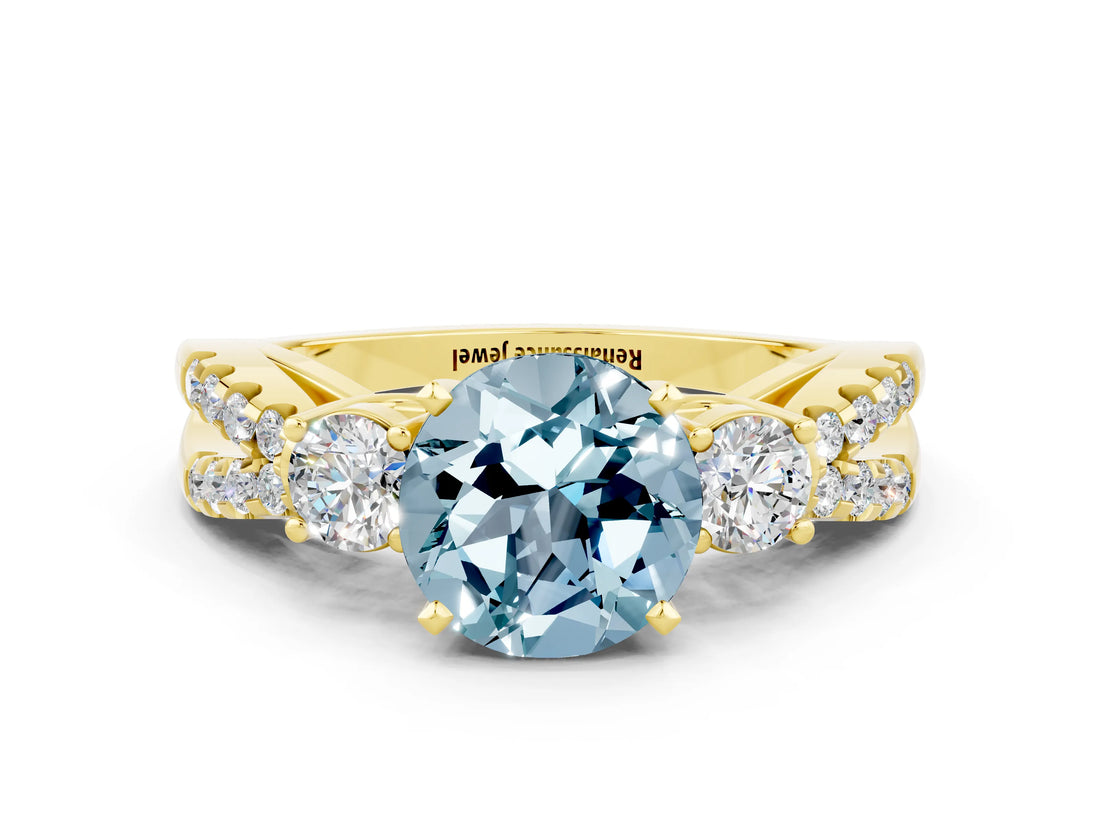 Yellow gold Round Cut Aquamarine Three-Stone Ring with Pavé Split Shank and Four-Prong Setting
