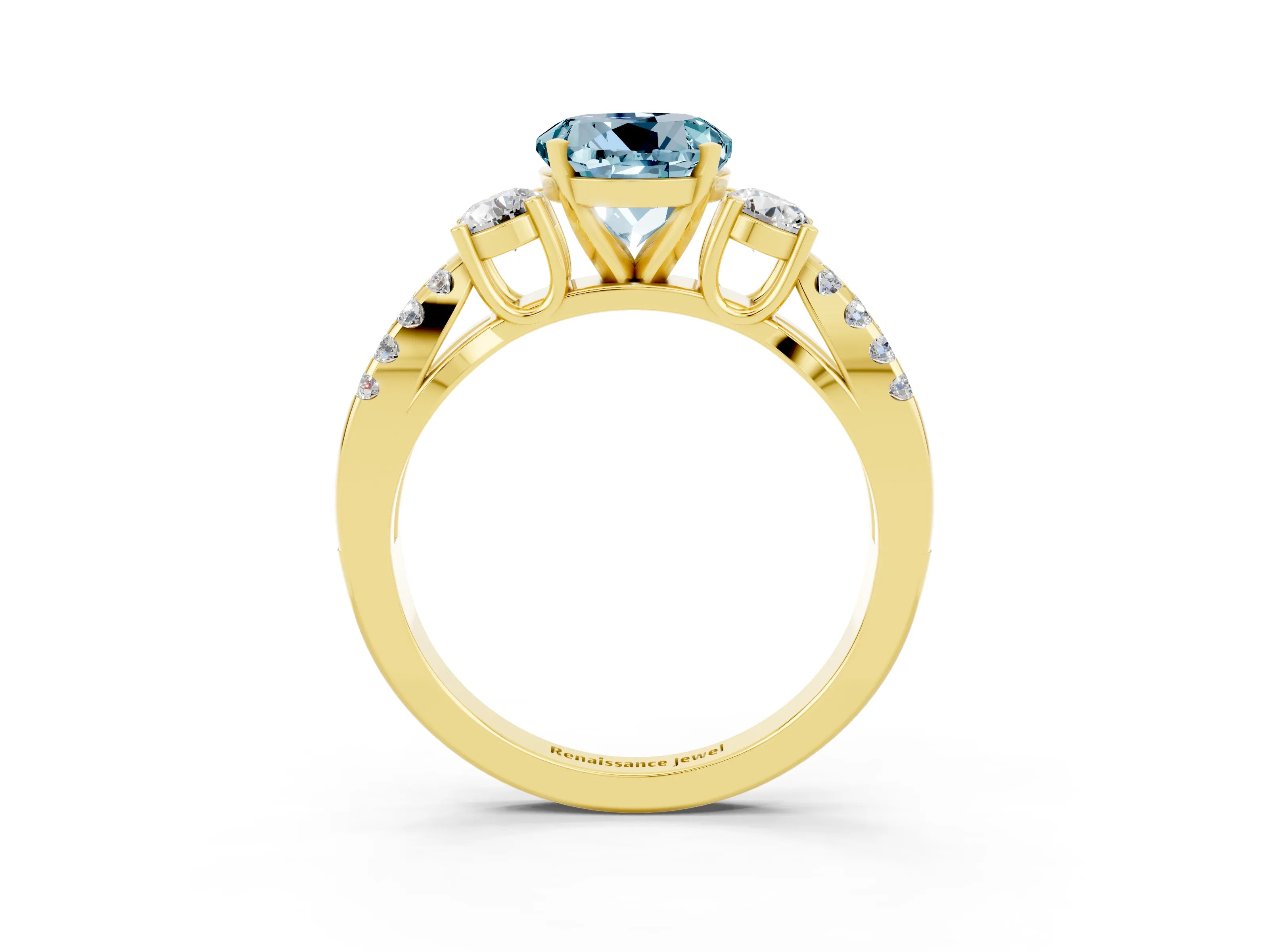 Yellow gold Round Cut Aquamarine Three-Stone Ring with Pavé Split Shank and Four-Prong Setting_3