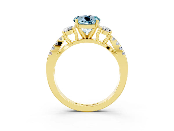Yellow gold Round Cut Aquamarine Three-Stone Ring with Pavé Split Shank and Four-Prong Setting