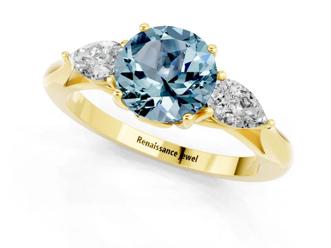 Yellow gold Round Cut Aquamarine Three-Stone Ring with Pear Side Stones and Four-Prong Setting_13
