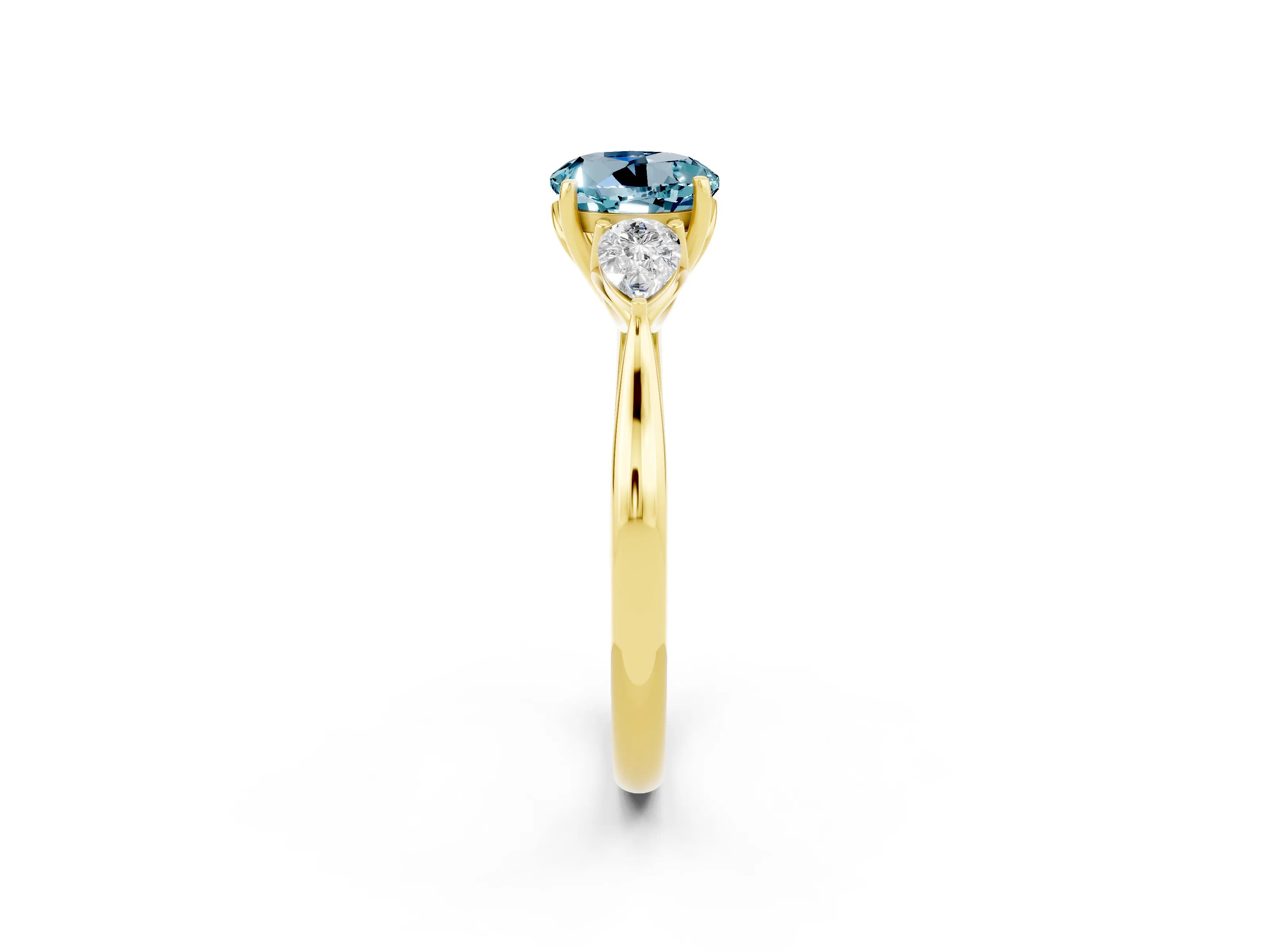 Yellow gold Round Cut Aquamarine Three-Stone Ring with Pear Side Stones and Four-Prong Setting_14