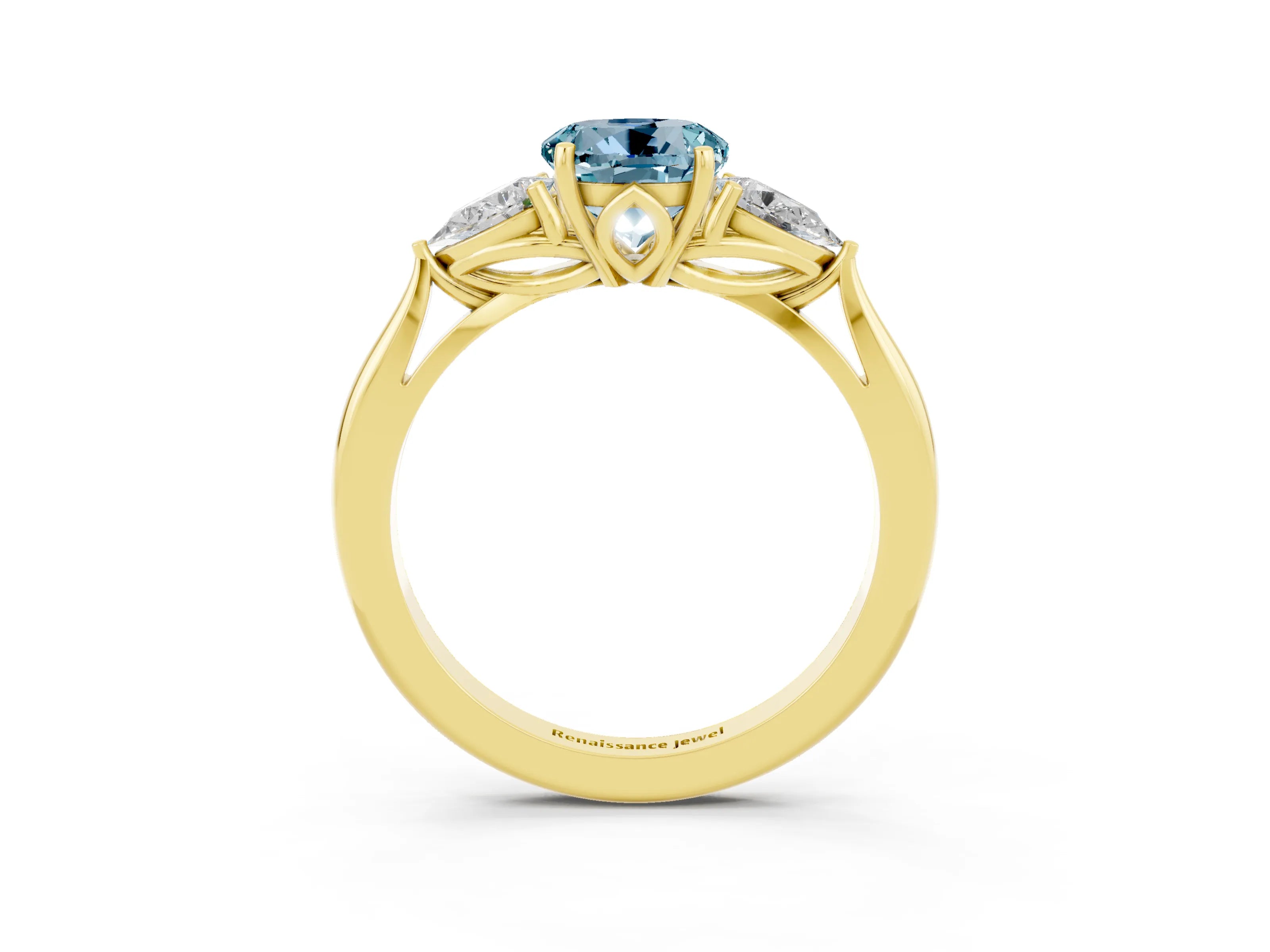 Yellow gold Round Cut Aquamarine Three-Stone Ring with Pear Side Stones and Four-Prong Setting_15