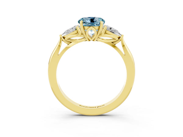 Yellow gold Round Cut Aquamarine Three-Stone Ring with Pear  Side Stones and Prong Setting