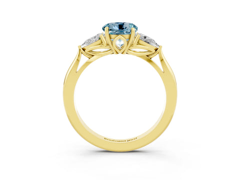 Yellow gold Round Cut Aquamarine Three-Stone Ring with Pear Side Stones and Four-Prong Setting_15
