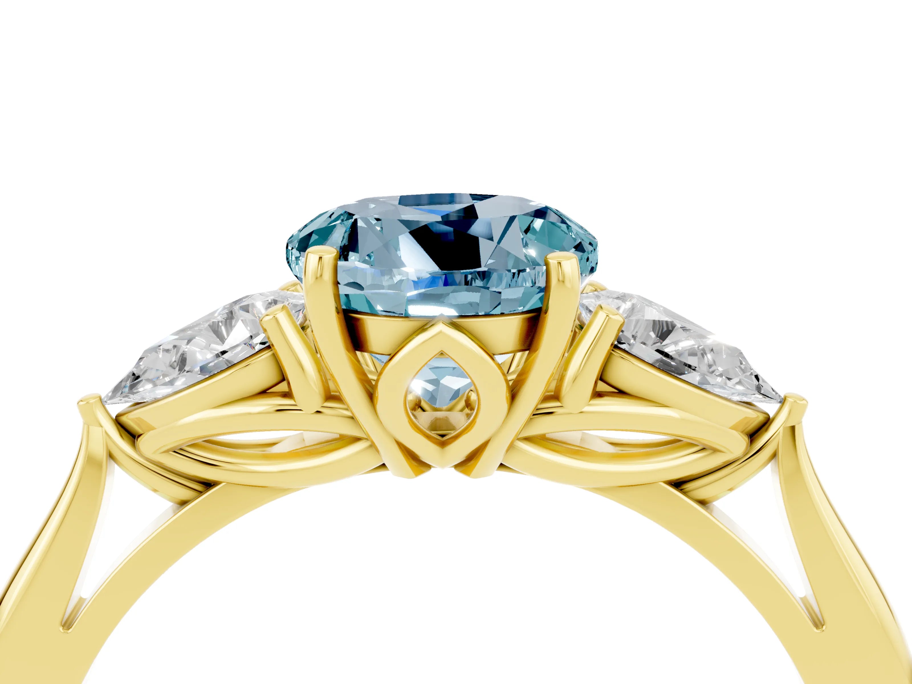 Yellow gold Round Cut Aquamarine Three-Stone Ring with Pear Side Stones and Four-Prong Setting_16