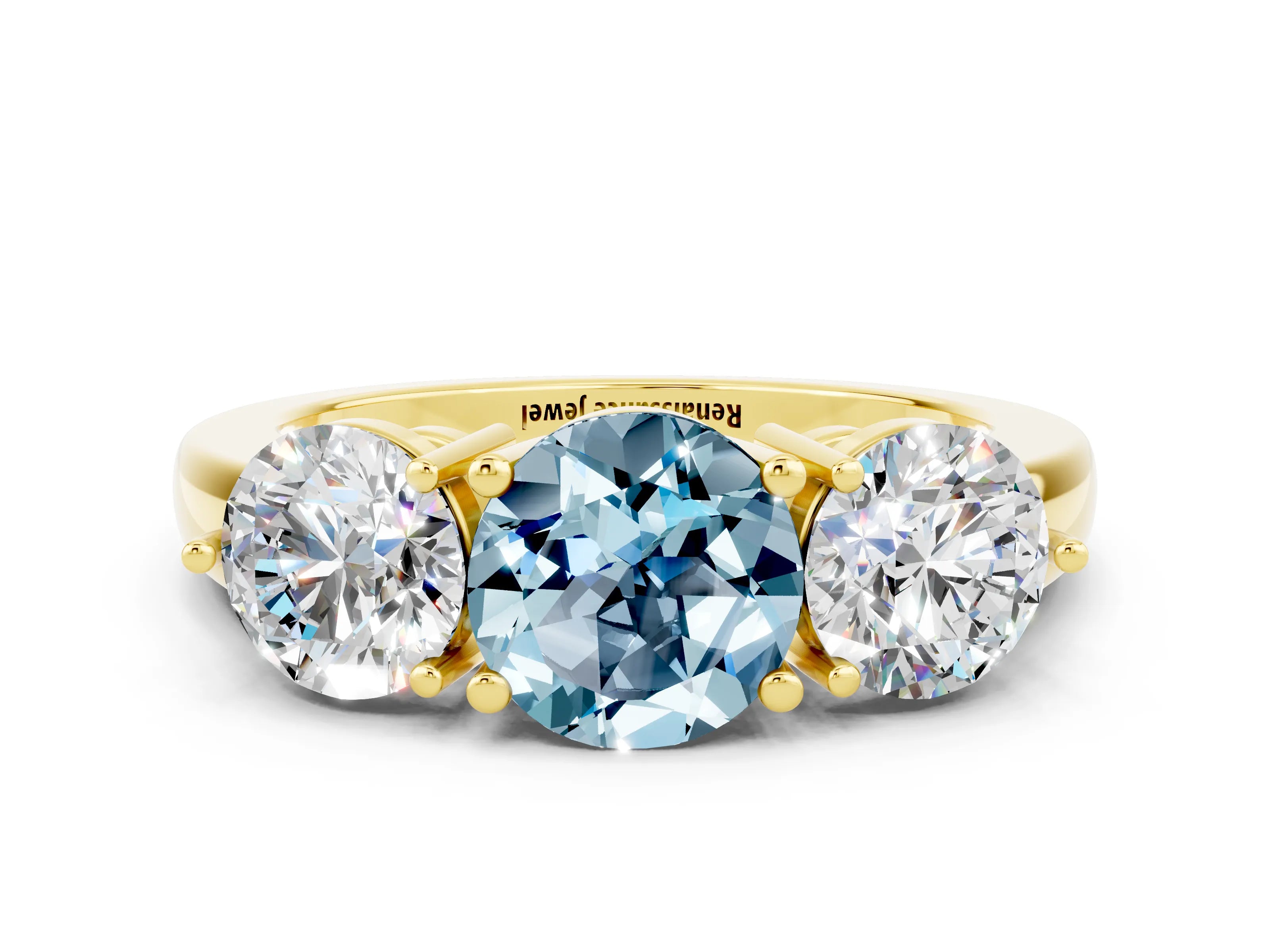 Yellow gold Round Cut Aquamarine Three-Stone Ring with Prong Setting and Classic Band